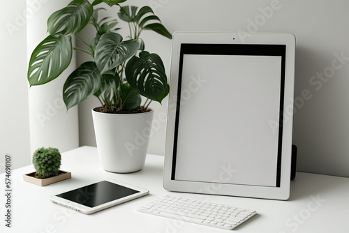Cropped shot of minimalist workspace with blank screen tablet, decorations, stationery, and copy space on white table with white wall. Generative AI