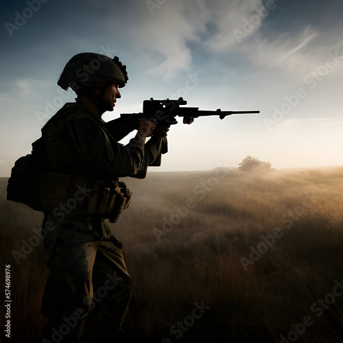 alone Special Forces soldier silhouette standing alone after the war on the battlefield, digital art style, illustration painting. Realistic concept art. Cartoon digital painting. Generative AI 