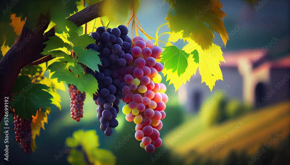 Fototapeta premium grapes at vineyard.red grapes at vineyard .Appetizing bunch of ripe black grapes on a blurred background. Generative Ai.