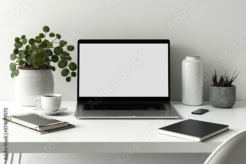 Open laptop computer and decorations in a small workspace against a white table and wall. Generative AI