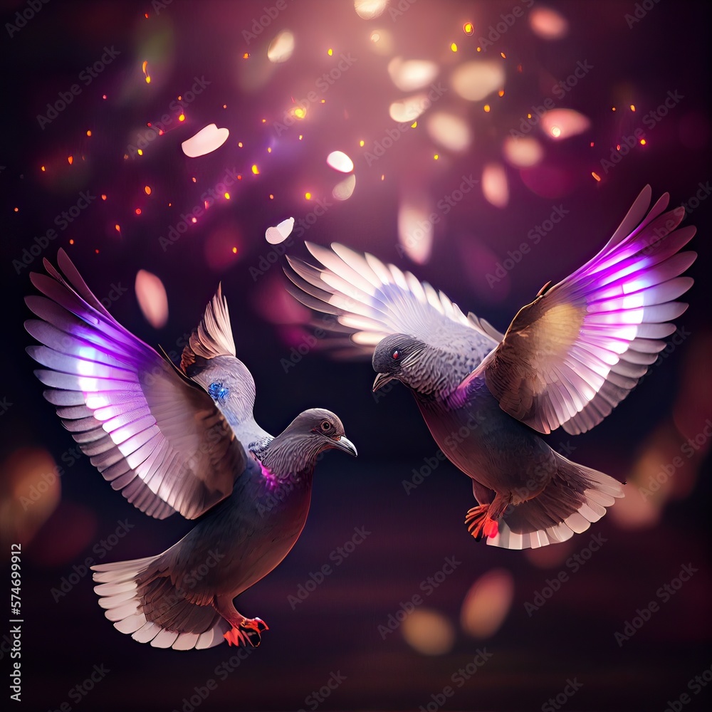 Obraz premium Cute couple of loving and colorful pigeons mating. Wood pigeons, pair of birds mating ritual in hearts shape blur background. Generative Ai