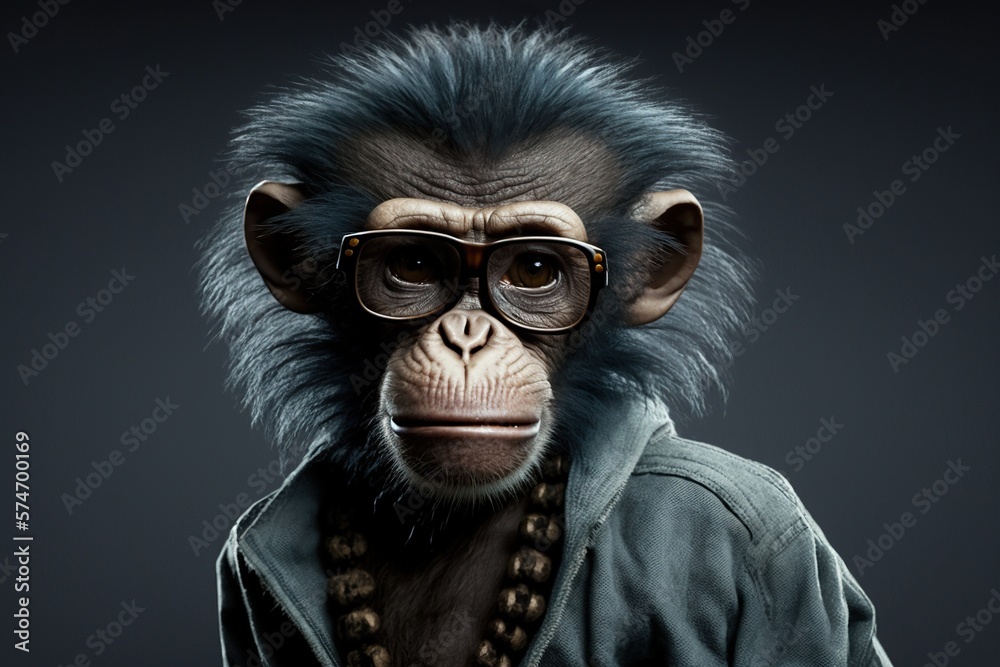 Monkey in beatniks style, studio lighting, neutral background, concept of Retro and Portrait, created with Generative AI technology