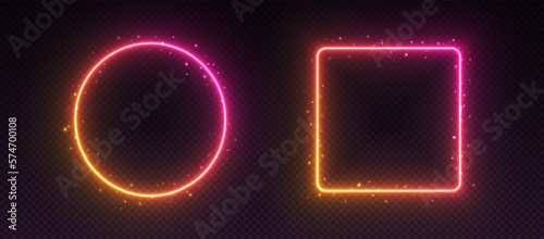 Gradient neon frames, glowing borders with smoke and sparkles, led pink-yellow circle and square. Avatar frames for game, UI design elements. Vector illustration.