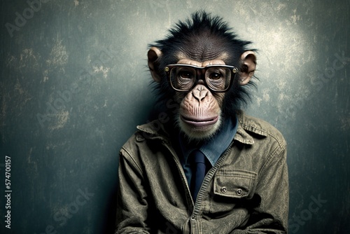 Monkey in beatniks style, studio lighting, neutral background, concept of Retro and Portrait, created with Generative AI technology photo