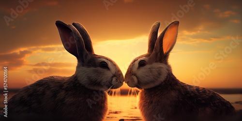 3d rendered Illustration of couple of rabbits kissing at sunset. Generative AI