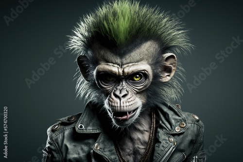 Monkey in punk style, studio lighting, neutral background, concept of Punk Attitude and Studio Portrait, created with Generative AI technology