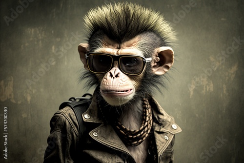 Monkey in punk style, studio lighting, neutral background, concept of Punk Attitude and Studio Portrait, created with Generative AI technology