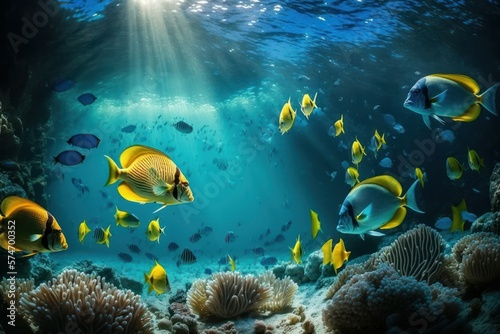 Coral reef in the sea with fish. AI generated, human enhanced. Background with selective focus © top images