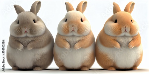 3d rendered Illustration of Easter Bunny Rabbits. three cute chubby fluffy clipart dwarf bunnies are standing up on their hind legs on a white background. AI generative. Generative AI