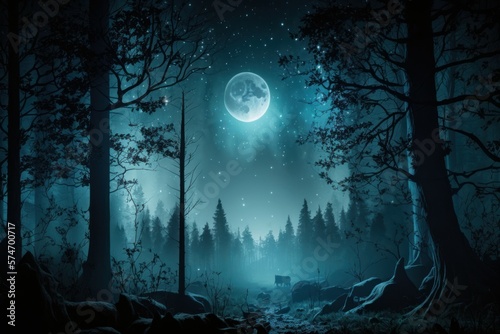 Fantasy night forest. Fairy tale atmosphere. AI generated