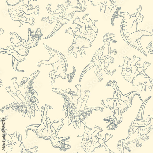 Linear pattern of realistic dinosaurs to decorate a kids book. Vector clipart