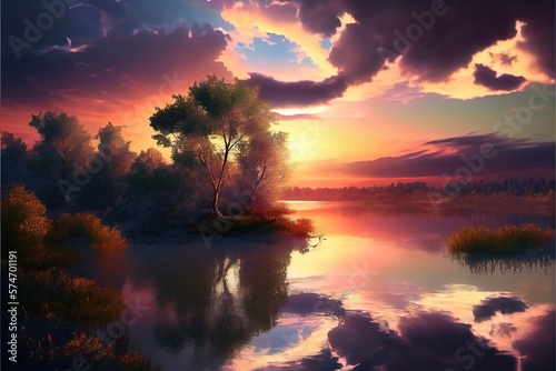 illustration of sunset over the river. Generative AI