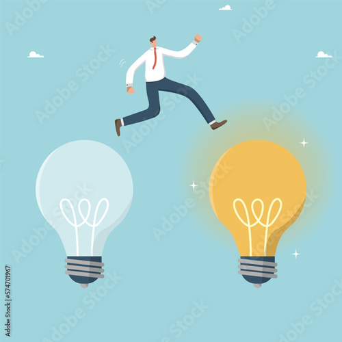 Finding an idea to achieve a goal, strategic planning, career path, creative problem solving, brainstorming, using innovation for a successful business, man jumping from light bulb off to on.