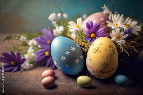 Beautiful colorful easter eggs on wooden
