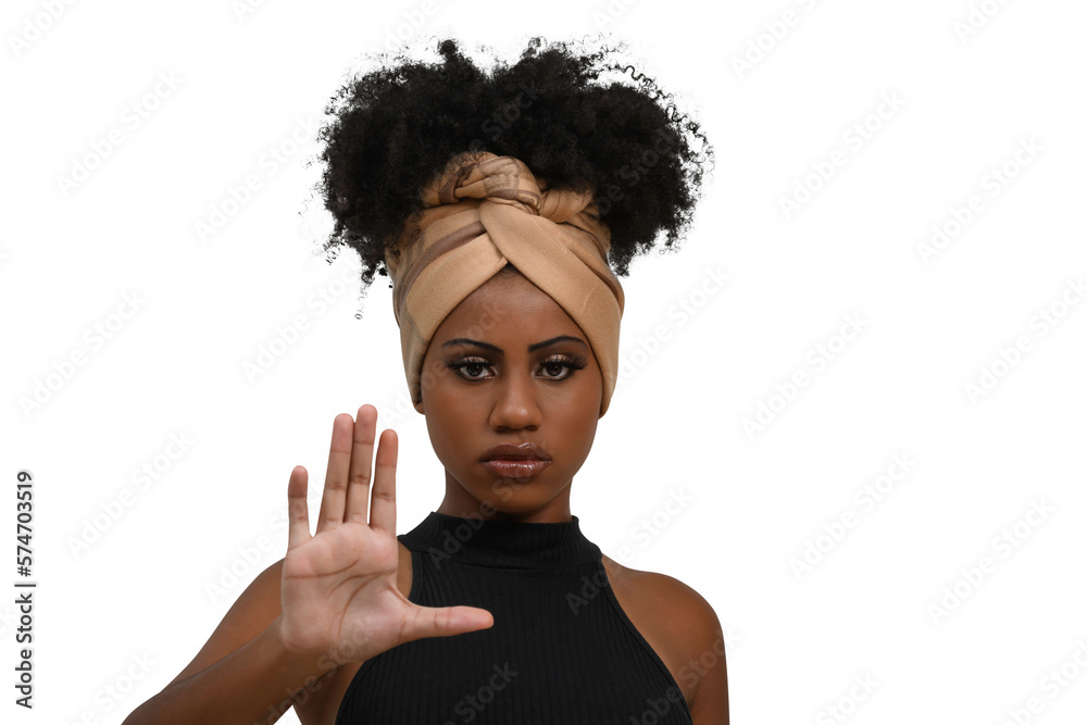 black woman makes gesture with open hand, denounces assault, moral harassment, cowardice, violence against women - obrazy, fototapety, plakaty 
