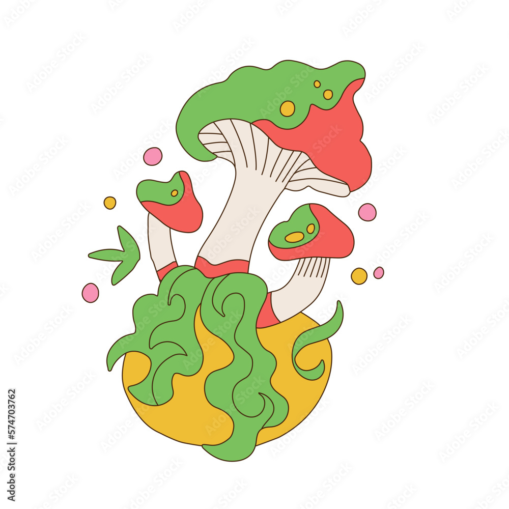 Fototapeta premium Vintage illustration in simple naive and hippie groovy style - mushrooms and psychedelic smoke. Isolated print for tee shirt. Trippy retro hand draw vector illustration.