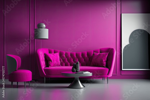 Panton-colored living room. Gray sofa, magenta walls. Art space. Modern decor. Reception or lounge mockup. Generative AI photo