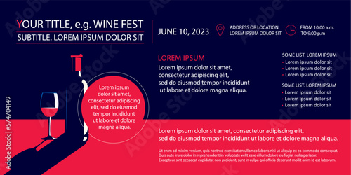Banner or flyer with a bottle of wine and a glass of wine. Add your own text.