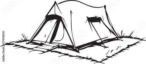 Illustration of a prefabricated modern tent in black and white 2D form. Using medium ink style. Tent design uses basic shapes such as domes and cones.