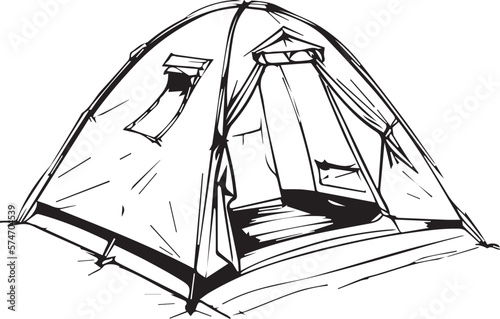 Illustration of a prefabricated modern tent in black and white 2D form. Using medium ink style. Tent design uses basic shapes such as domes and cones.