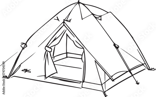 Illustration of a prefabricated modern tent in black and white 2D form. Using medium ink style. Tent design uses basic shapes such as domes and cones.