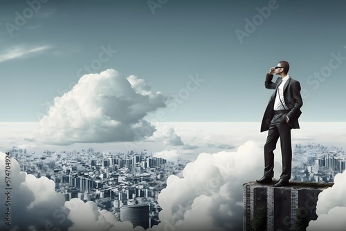 professional man Businessman in the Skyscraper Office, Businessman Spying on Competitors, Businessman with Corporate Strategy, Businessman Observing the Metropolis, generative ai photo