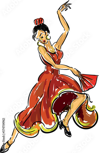 Flamenco dancer in red dress with fan in freehand drawing style