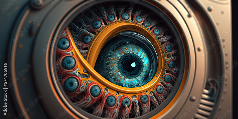 An eye hidden inside a mechanical machine, surveillance concept - Generative AI