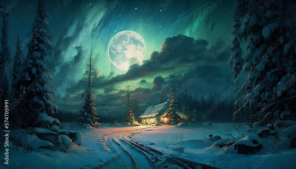 winter forest landscape, moonlight