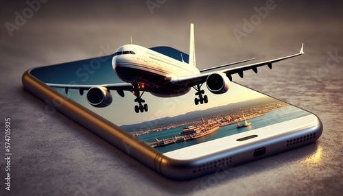 Photographie Airplane coming out from smart phone screen