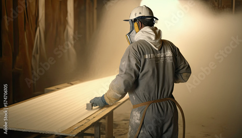 A man works in the factory spraying on a slab of wood - Generative AI