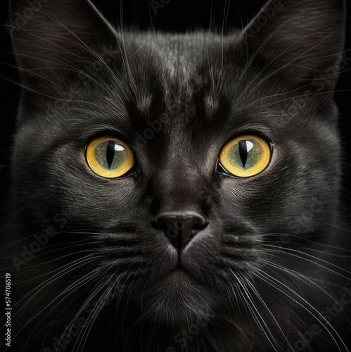 Portrait of a beautiful black cat with yellow eyes, Generative AI