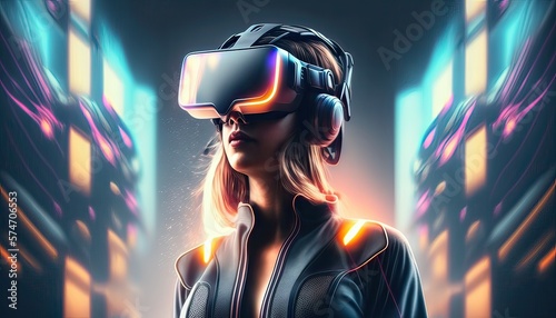 Woman wearing virtual reality goggles standing in virtual world background. Concept of virtual reality technology. Non-existent person. Generative Ai 