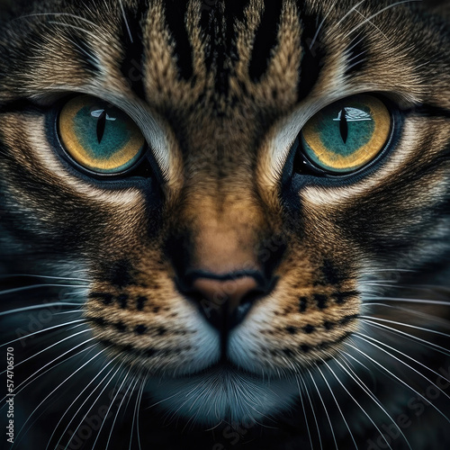 Portrait of a beautiful tabby cat with blue and yellow eyes, Generative AI