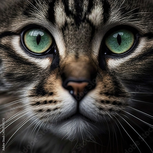 Portrait of a beautiful tabby cat with green eyes, Generative AI