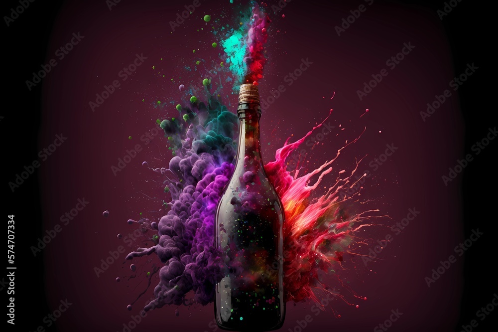 Bottle of wine ink explode as opening excitement celebration winery
