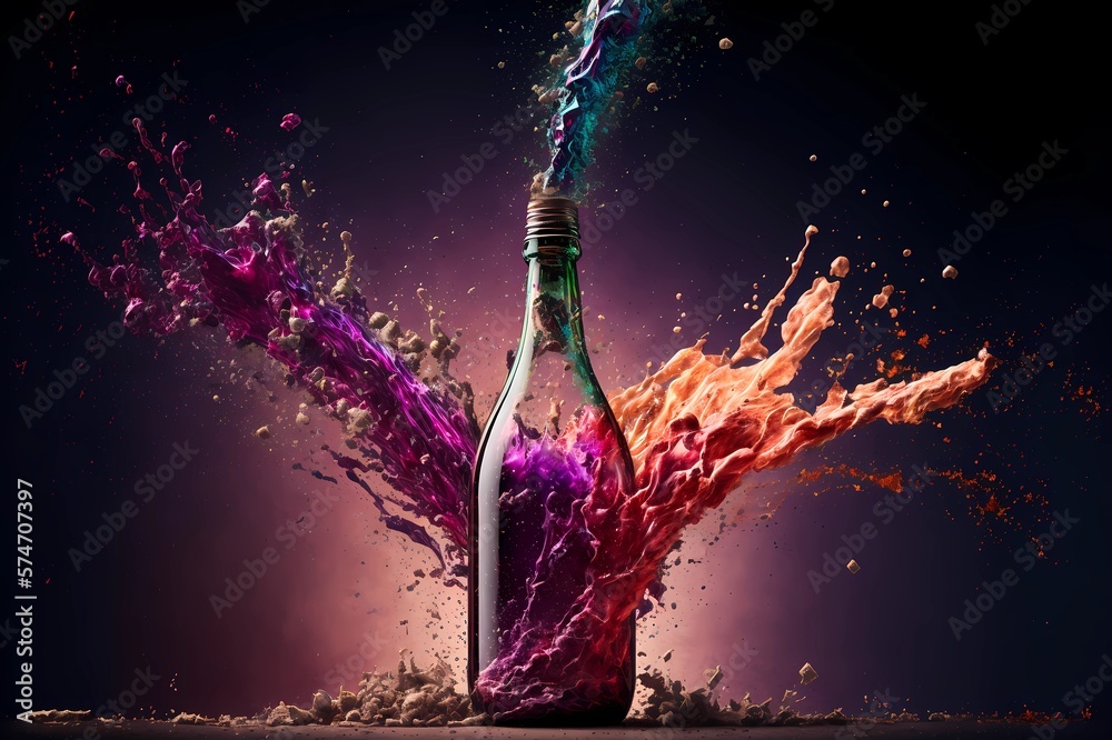 Bottle of wine ink explode as opening excitement celebration winery