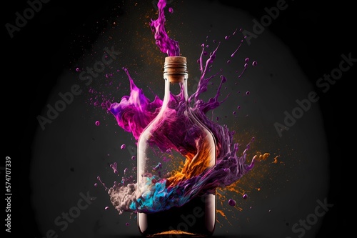 Bottle of wine ink explode as opening excitement celebration winery concept. Beautiful Color coded splash liquid booze shot. Design for advertising drink and alcohol background display. Generative AI 