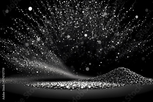 Black and white silver or metal particles background. Glitter shimmer light and shine light ray particles with bokeh effect. Abstract dust particle festive overlay burst design scene. Generative AI
