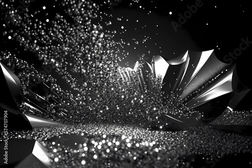 Black and white silver or metal particles background. Glitter shimmer light and shine light ray particles with bokeh effect. Abstract dust particle festive overlay burst design scene. Generative AI