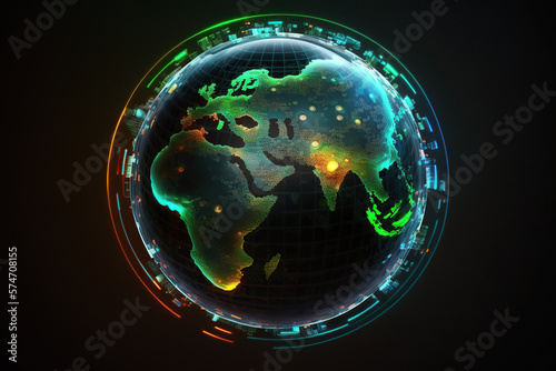 Technological background of the hologram planet Earth seen from space at night showing the lights  digital data stream. 3d rendering  ai generated . Generative AI