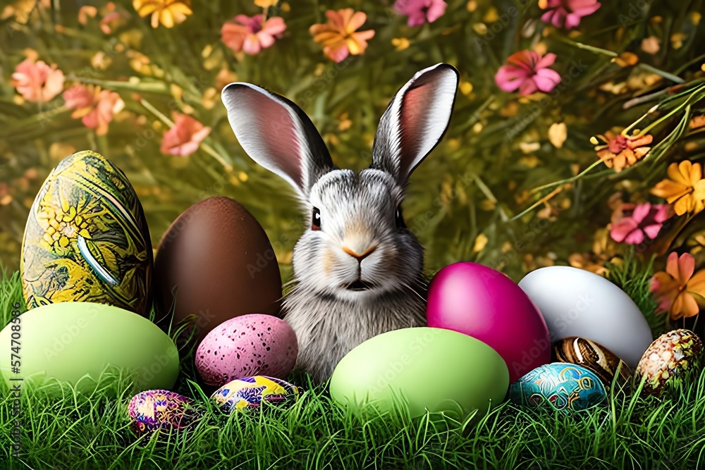 Easter Eggs With Bunny. Spring Rabbit Still Life Card Background. Generative AI