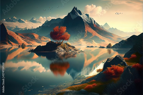Nature Illustration, Mountain and Tree besides lake. Generative AI