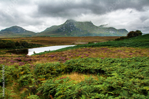 Ben Loyal in Sutherland seen from Lochan Hackel on a cloudy atmospheric afternoon photo