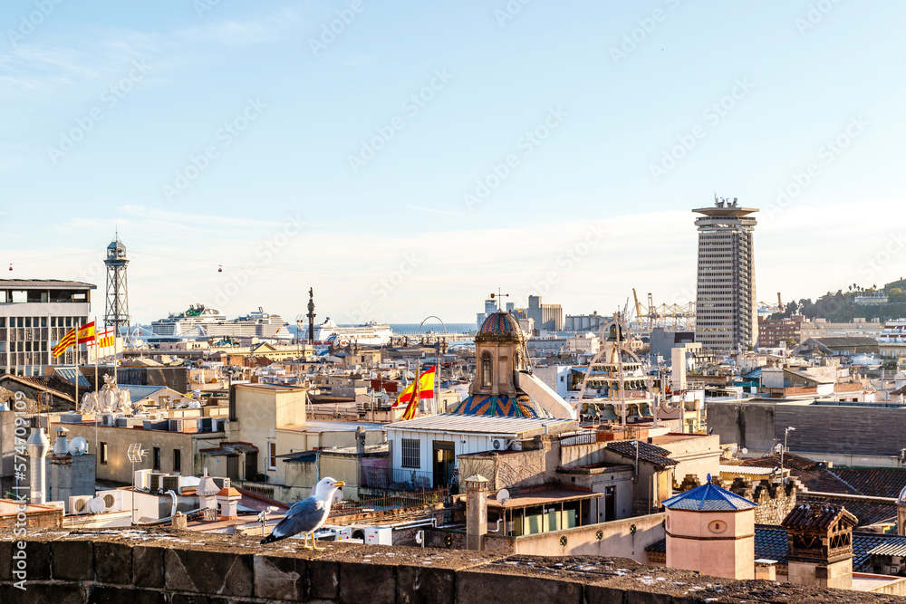 View at the harbour of Barcelona and Columbus statue from the cathedral of Barcelona,  Catalonbia, Spain, Europe