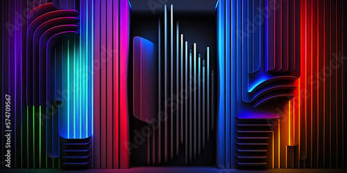 Digital image of light rays, lines with colorful light over dark background. Abstract business background. Digital ai art