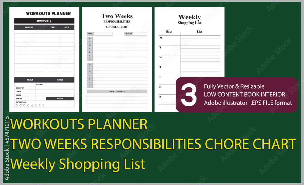 Obraz premium WORKOUTS PLANNER TWO WEEKS RESPONSIBILITIES CHORE CHART Weekly Shopping List 
