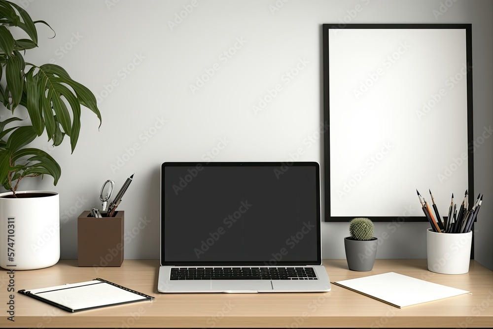 Office at home with nearby laptop, pen, paper, and blank wall for product montage or copy space. workplace for homeschoolers. Model of a wooden desk. Generative AI Office at home with nearby laptop, pen, paper, and blank wall for product montage or copy space. workplace for homeschoolers. Model of a wooden desk. Generative AI