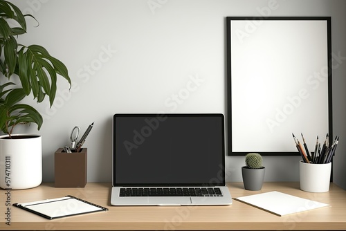 Office at home with nearby laptop, pen, paper, and blank wall for product montage or copy space. workplace for homeschoolers. Model of a wooden desk. Generative AI © 2rogan