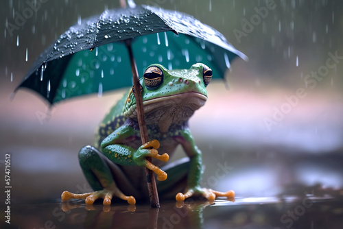 Wetterfrosch im Regen mit Schirm, generative AI